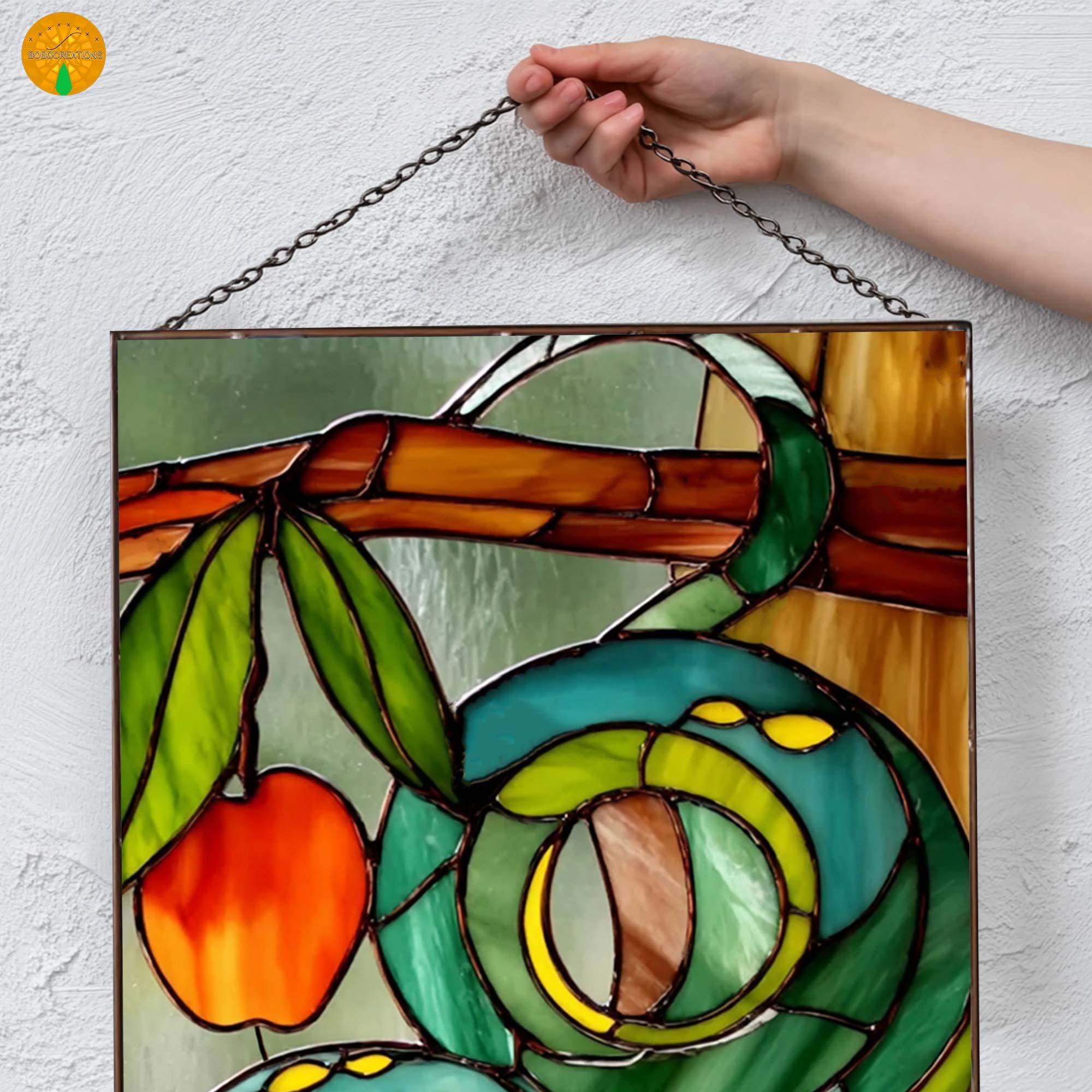 PB95 ヘビ ステンドグラス アート サンキャッチャー 毒蛇 リンゴ 蛇 蛇