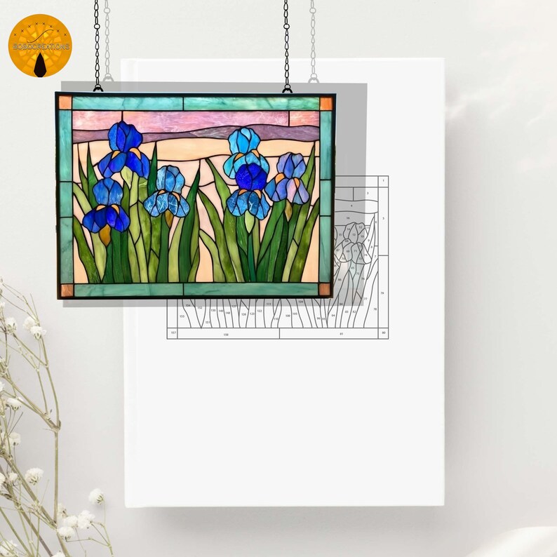 PNF27 Blue Iris Stained Glass Pattern – Floral Window Design, Digital ...