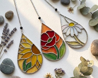 BBT404 Floral Teardrop Stained Glass Suncatcher Pattern Bundle, Sunflower Poppy Daisy PDF SVG