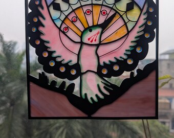 Humming bird and sunset stained glass decoration window , home decor flower garden art Hummingbird Lover Gift, Bird Wall Hanging, Home Decor