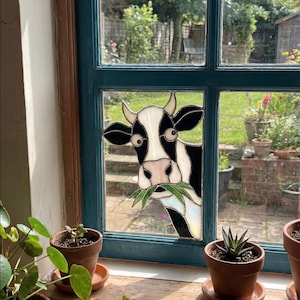 PB425 Glasmalerei Fenster Ecke Kuh Handarbeit Bauernhaus Geburtstag Bauernhof Tier Fensterbehang, Bauernhaus Dekor Geschenk Download Glas DIY