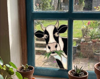 PB425 Glas-in-loodraam Hoek Koe Handgemaakte Boerderij Verjaardag Boerderij Dier Raam Opknoping, Boerderij Decor Cadeau Downloadglas DIY