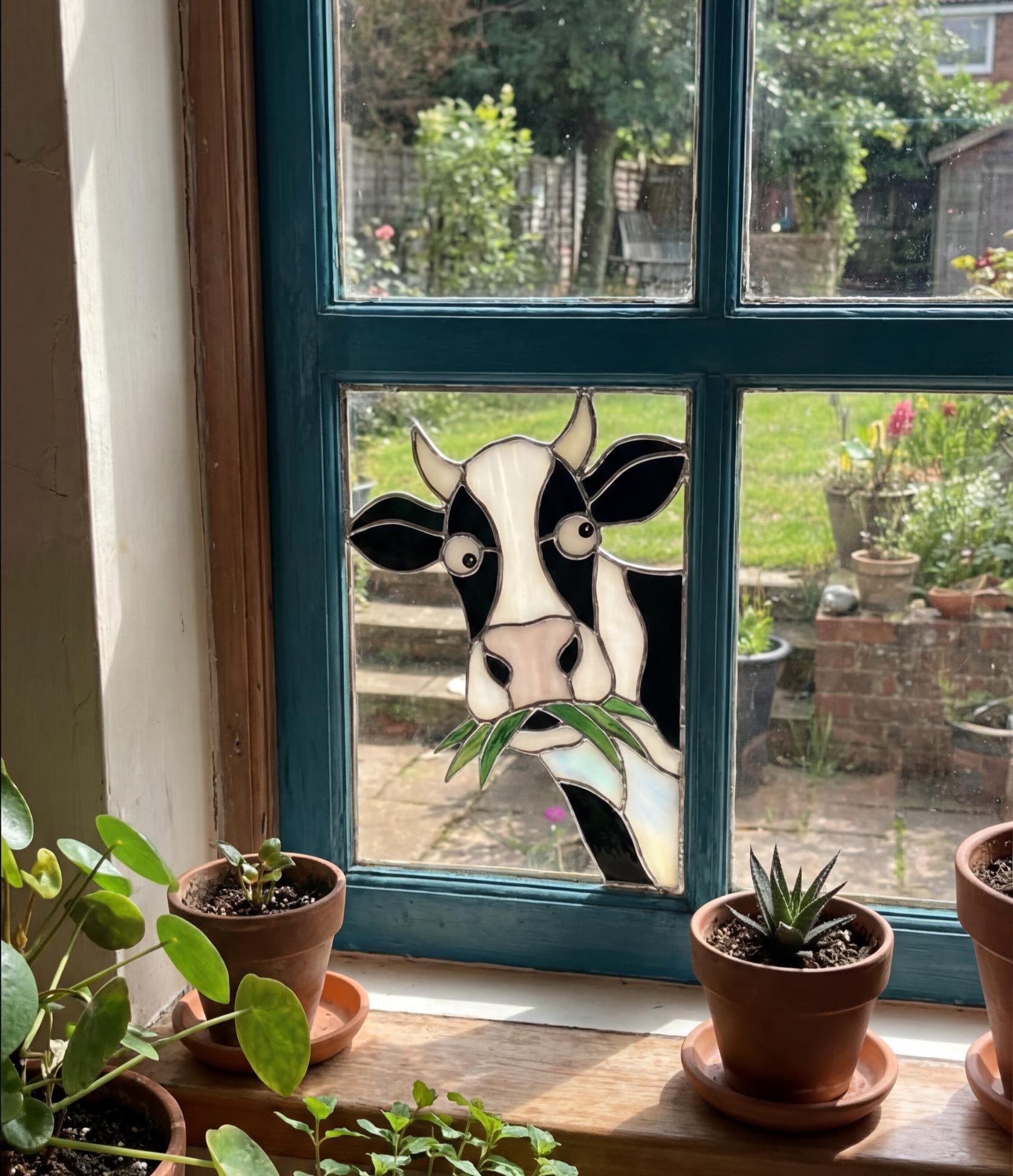 PB425 Stained Glass Window Corner Cow Handmade Farmhouse Birthday Farm ...