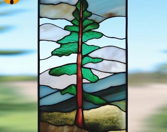 PNF74 Pine Tree Stained Glass Pattern – Mountain Landscape Window Panel Design, Nature Template PDF SVG for DIY Artistsd