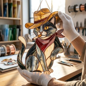 Op de afbeelding: Gebrandschilderde glazen kat met een cowboyhoed en een rode bandana, met een sigaret in de mond. De kat is in tinten grijs, blauw en crème. Het kunstwerk wordt vastgehouden door gehandschoende handen, die het vakmanschap tonen.