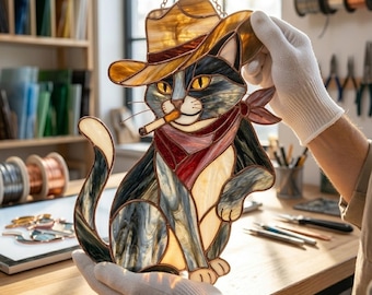 BBT218 Cowboy Katze Glasmalerei Muster PDF, Western Schwarze Katze Suncatcher Vorlage SVG PNG