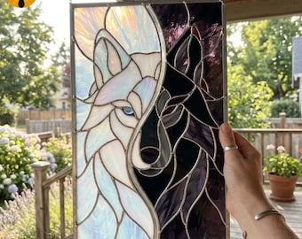 MT78 Yin Yang Wolf Glasmalerei Muster, Split Light Dark Wolf Suncatcher Design, Tier Glaskunst Vorlage, DIY Blei kam PDF