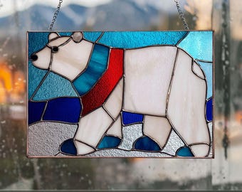 PB172 White bear stained glass suncatcher Christmas decor Holiday hosting decor Gift for mom Digital Download Glass DIY
