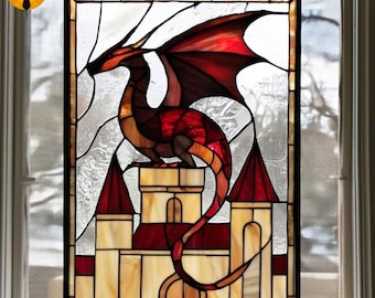 PNF20 Dragon Stained Glass Pattern, Fantasy Castle Design Template, DIY Glass Art Digital Download
