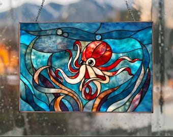 Stained glass PB05 Octopus stained glass pattern file | svg, jpg, pdf download | mountain panel pattern for DIY glass art