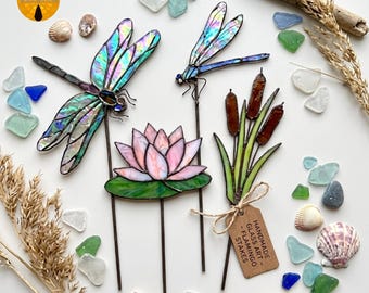 BBT331 Motif de vitrail libellule PDF SVG, modèle de piquets de jardin d'étang