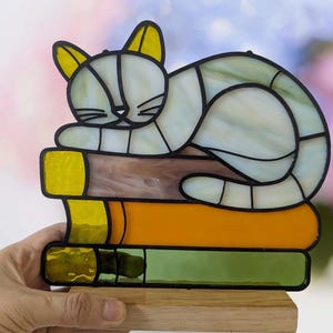 Cat on the books Stained glass Hanging decor Glass wall art Stained Glass Art , Cat Art Gifts for book lovers Window panel
