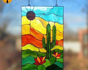 PNF45 Cactus Stained Glass Pattern – Desert Sunset Landscape Design, Digital Template for DIY Suncatcher, Nature Glass Art PDF SVG