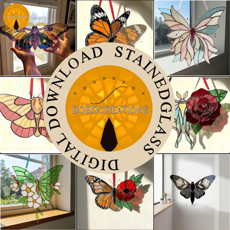 May include: A collection of stained glass butterfly and moth designs in various colors. The designs include orange, black, pink, green, and blue. Each piece is designed to hang and catch the light, creating a colorful display.