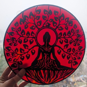 BB06 Boeddha glas-in-lood decoratieraam, woondecoratie Spiritueel zendecor | Raamkunst meditatie