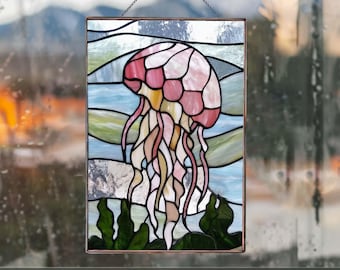 PB287 kwallen gebrandschilderd glas oceaan kunst aan de muur handgemaakte geschenken home decor oceaan zee liefhebber mooie kwallen digitale download glas DIY