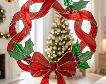 MT259 Weihnachtskranz Buntglasmuster Rote Schleife PDF-Vorlage Festlicher Sonnenfänger DIY Digitale Glaskunst