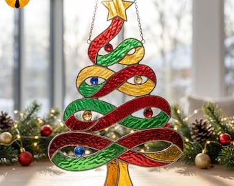 MT254 Ribbon Christmas Tree Stained Glass Pattern  Holiday Suncatcher PDF Template  Abstract Xmas Decor  Digital Glass Art