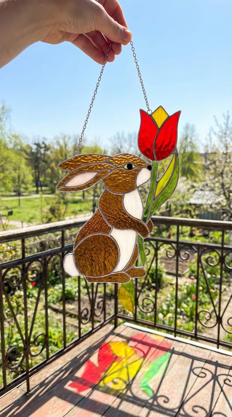 PB443 Stained Glass Bunny and Flowe Suncatcher Spring Decor Mother's ...