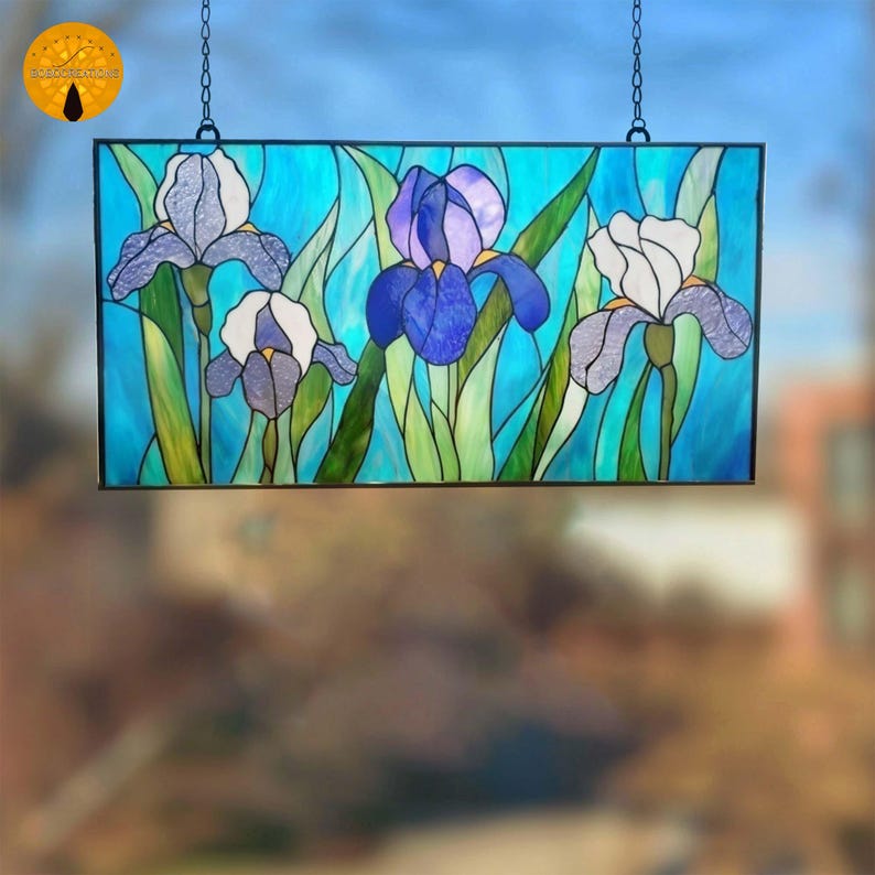 PNF39 Iris Flower Stained Glass Pattern – Blue and White Floral Design ...