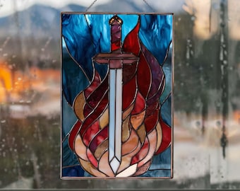 PB205 Stained Glass Sword Whit Fire Suncatcher or Wall Hanging Home Decor Glass Wall Art Gift Handmade GIft Ideas Digital Download Glass DIY