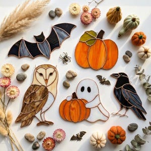 Può includere: Una collezione di ornamenti in vetro colorato raffiguranti un pipistrello nero, una zucca arancione, un gufo marrone e bianco, un fantasma bianco che tiene una zucca e un corvo nero, arricchiti da piccoli fiori secchi, ciottoli e mini zucche.