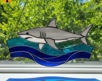 BB110 Patrón de vitral con diseño de tiburón - Plantilla de vidrio DIY con animales marinos del océano