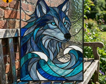 MT50 Ocean Blue Wolf Stained Glass Pattern, Sea Wolf Suncatcher Template PDF, DIY Spirit Animal Window Art Stencil