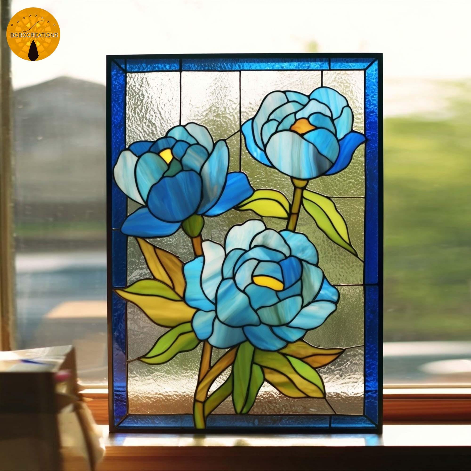 PNF69 Blue Peony Stained Glass Pattern – Floral Window Panel
