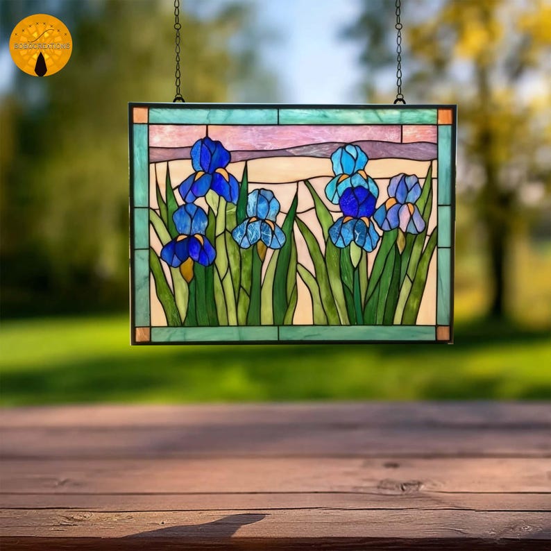 PNF27 Blue Iris Stained Glass Pattern – Floral Window Design, Digital ...