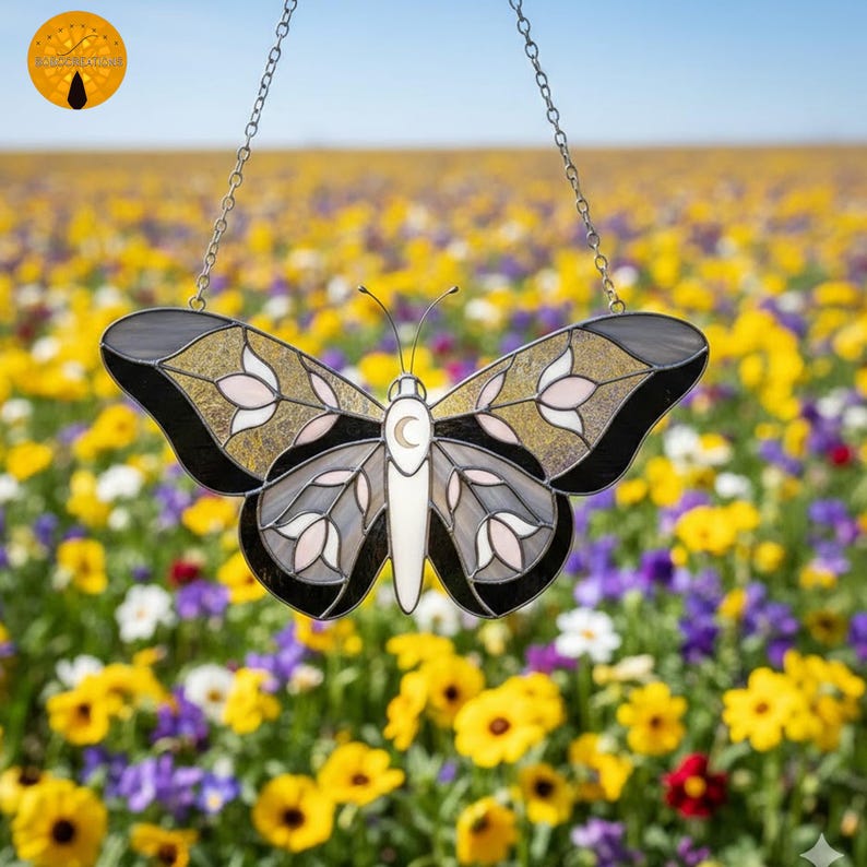 May include: Stained glass butterfly suncatcher with a black, gold, gray, and white design. The butterfly has a crescent moon detail and is hanging from a chain. The background is a field of yellow, purple, and white wildflowers.