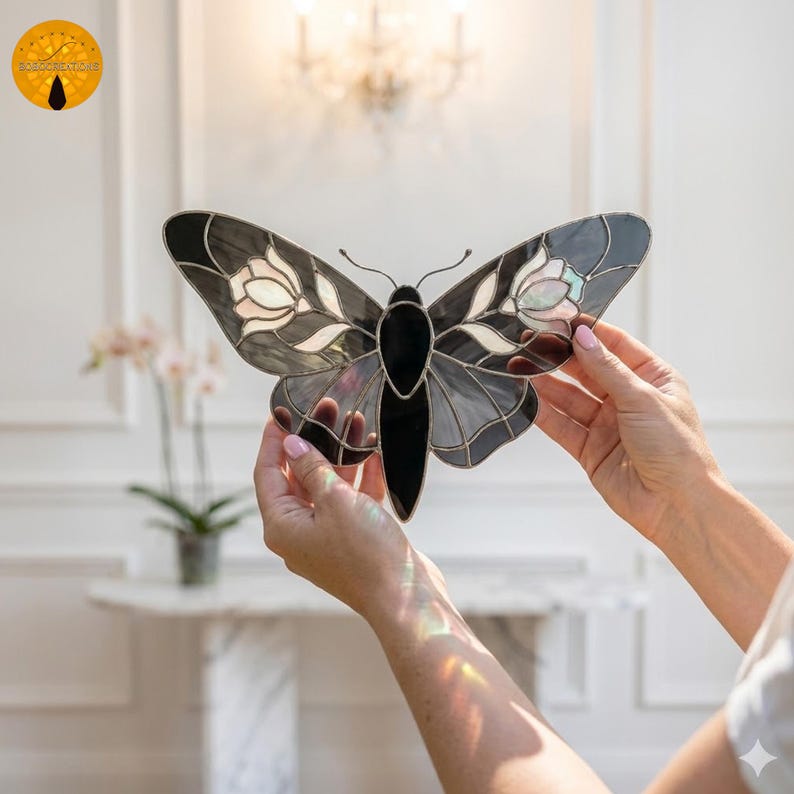May include: A stained glass butterfly with black, gray, and white details. The wings feature floral designs and iridescent accents. The butterfly is held up by a person's hands, showcasing the intricate craftsmanship and design.