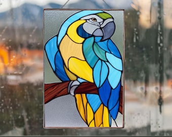 PB140 Parrot Stained Glass Suncatcher Bird Home House Pendant Wall Window glass Art Decor grandma gift Decoration Digital Download Glass DIY
