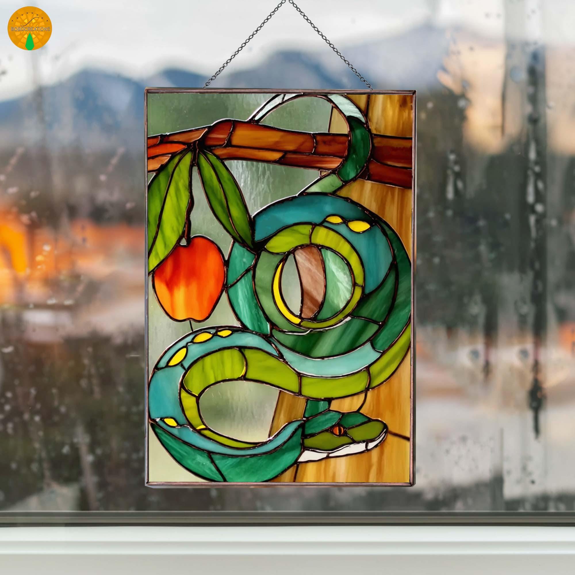 PB95 ヘビ ステンドグラス アート サンキャッチャー 毒蛇 リンゴ 蛇 蛇