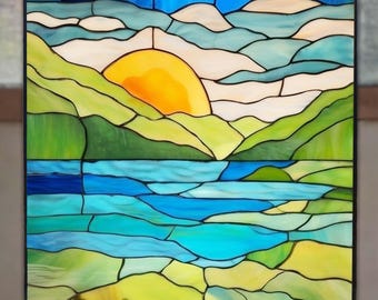 PNF5 motif de vitrail paysage lever de soleil, modèle attrape-soleil lac de montagne, téléchargement numérique, création d'art en verre bricolage