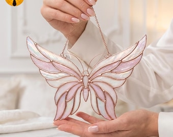 BBT60 Patrón de mariposas en tonos pastel en vidrieras, elegante diseño de atrapasoles de hadas