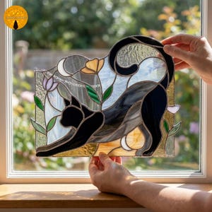 May include: A stained glass suncatcher featuring a black cat stretching its body amidst a garden scene. The piece includes a yellow flower, a purple tulip, and a crescent moon set against a background of textured clear and white glass panels.