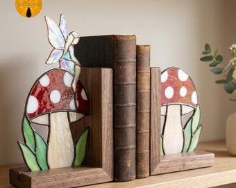 BBT151 Stained Glass Mushroom Fairy Bookend Cottagecore Decor Pattern SVG PNG
