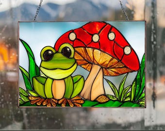 PB96 Green Frog Stained Glass Mushroom Cute Tree Frog Stained Glass Housewarming gift  Decor Glass DIY