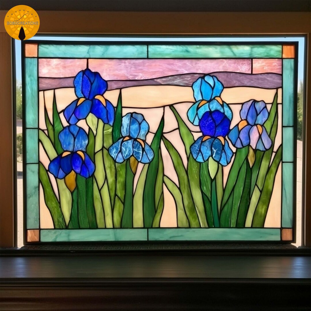 PNF27 Blue Iris Stained Glass Pattern – Floral Window Design, Digital ...