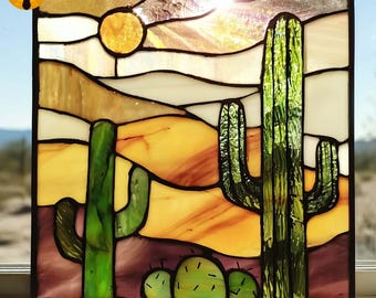 PNF137 Cactus Stained Glass Pattern – Desert Landscape Template – Digital PDF Design for Glass Artists