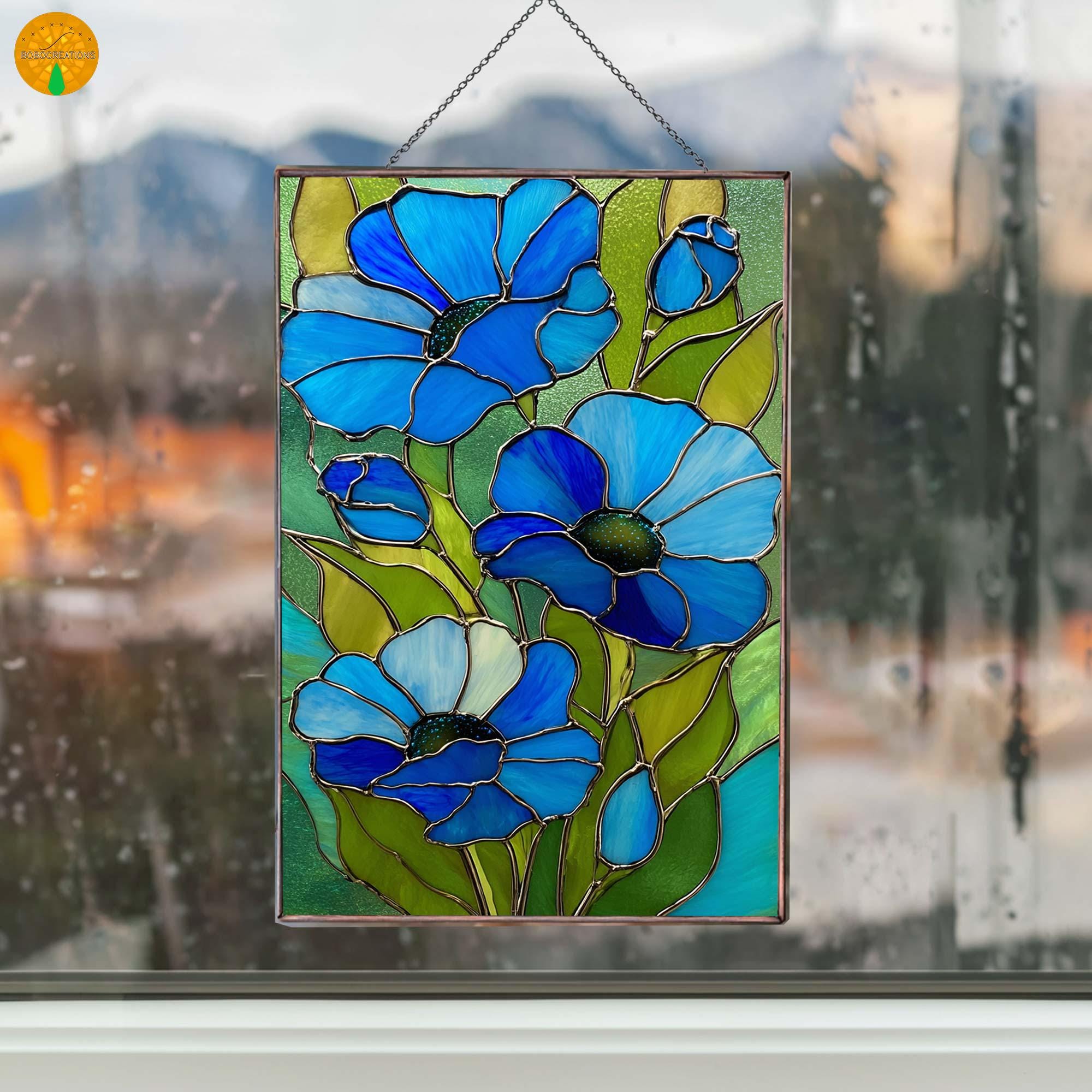 PB171 Stained Glass Blue Poppy Flower Suncatcher Glass Art Window