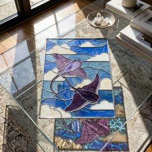 PB672 Panel de vidrieras con forma de manta raya, adorno colgante para ventana con forma de raya marina, atrapasoles de vida marina, decoración de pared de vidrio costera