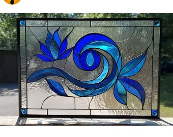 PNF77 Blaues abstraktes florales Buntglasmuster – Moderne Jugendstil-Fenstervorlage PDF SVG für DIY-Glaskünstler