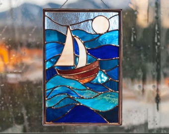 海景ステンドグラス、夕暮れの海の波、波間を航行する帆船 - Etsy 日本