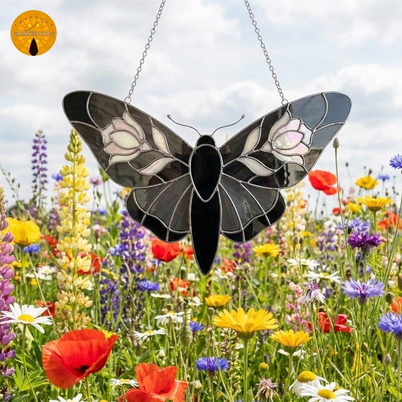 May include: A stained glass moth suncatcher with a black body and wings in shades of gray, white, and pink. The decorative piece hangs from a silver chain. The background is a field of colorful wildflowers under a cloudy sky.
