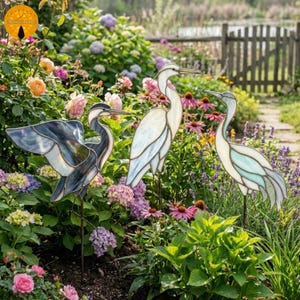 May include: Three stained glass bird sculptures standing in a garden. One bird is dark blue with wings spread, while the other two are white and light blue, standing upright. Each bird is crafted with metal framing and mounted on a thin metal stake.
