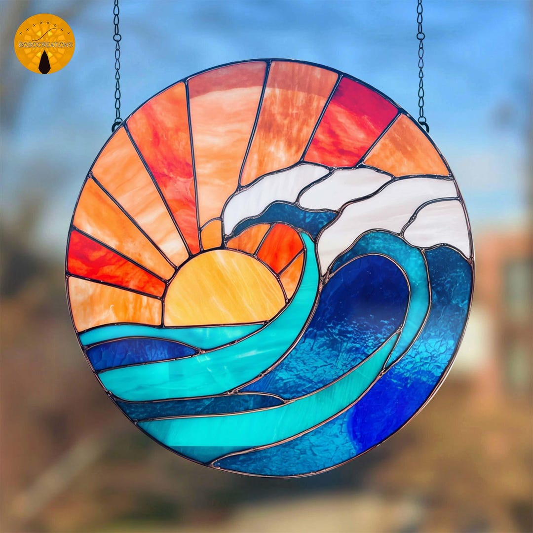 PNF174 Round Ocean Wave and Sunrise Stained Glass Pattern Template for ...