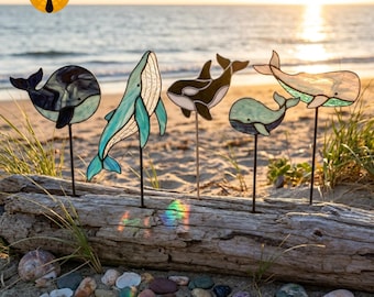 BBT270 Lot de motifs de vitraux baleines en PDF, piquets de jardin attrape-soleil animaux marins