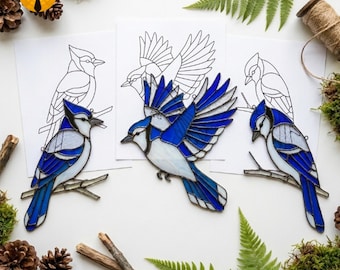 BBT303 Blue Jay Bird Stained Glass Pattern Bundle, Wildlife PDF SVG Window Hanging